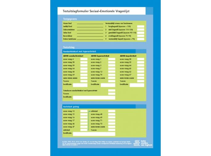 Voorkant - Sociaal Emotionele Vragenlijst (SEV) - scoreformulieren