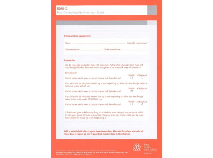 Voorkant - Buss-Durkee Hostility Inventory Dutch (BDHI-D) - scoreformulieren