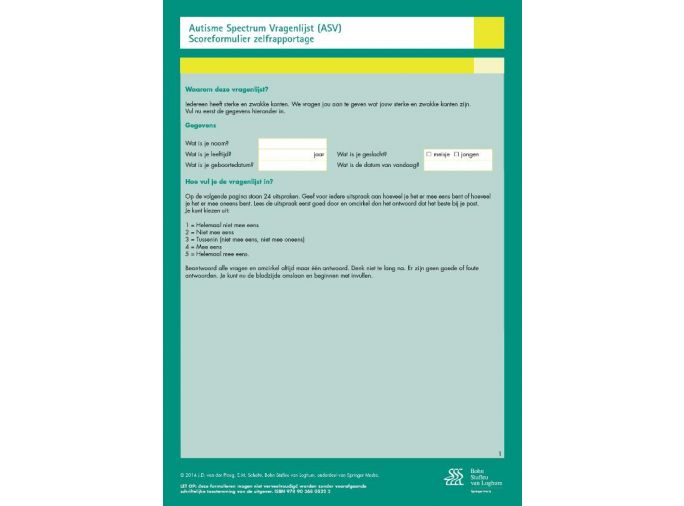 Voorkant - Autisme Spectrum Vragenlijst (ASV ) - scoreformulieren