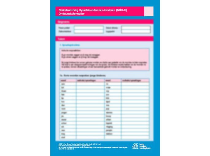 Voorkant - Nederlandstalig Dysartrieonderzoek - Kinderen (NDO-K) scoreformulieren