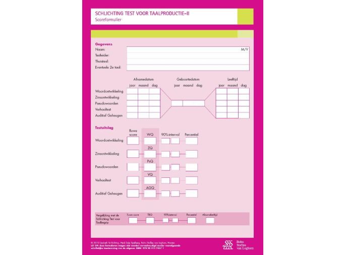 Voorkant - Schlichting Test voor Taalproductie-II (Schlichting Taalproductie) - scoreformulieren